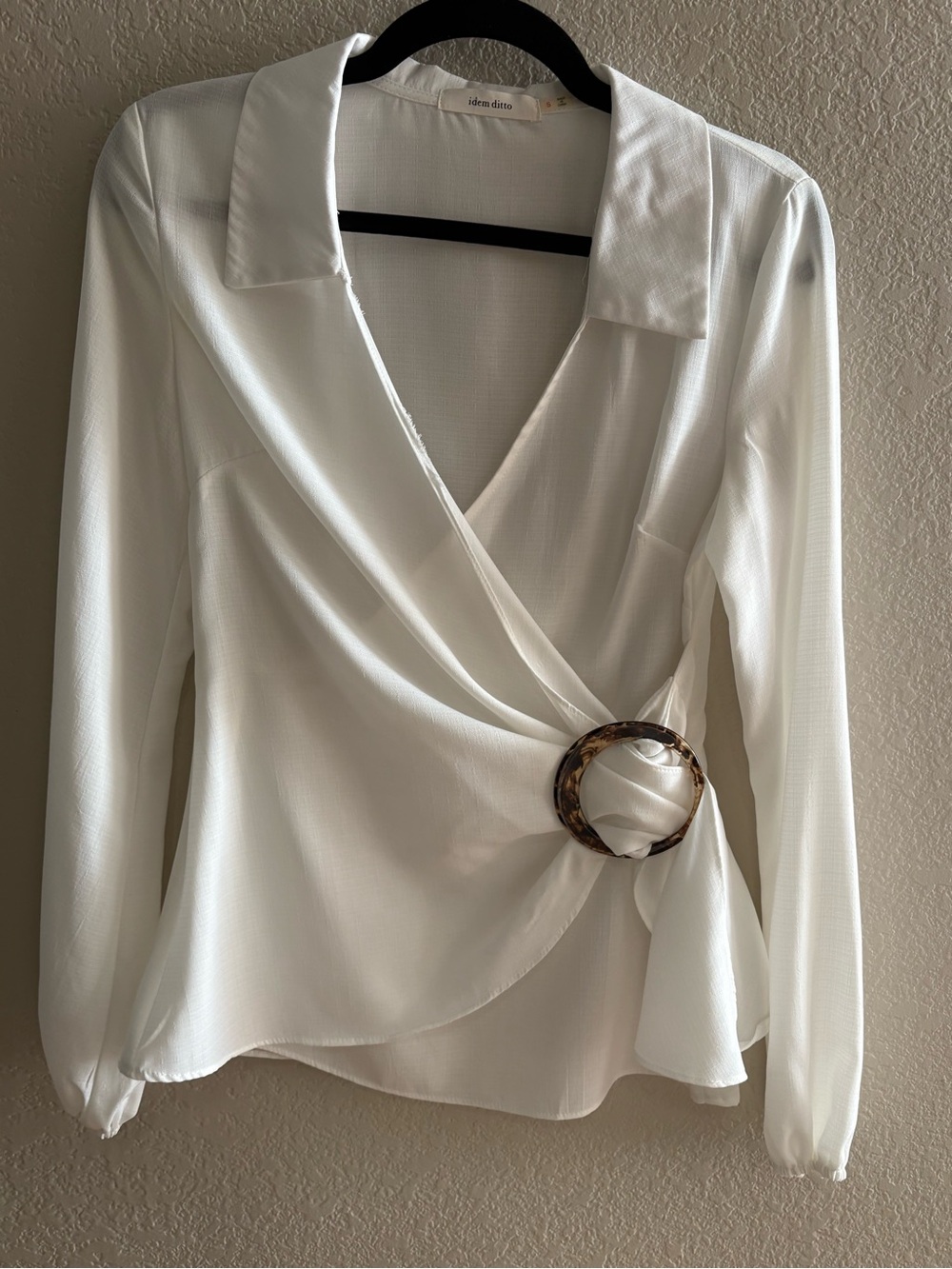 Idem Ditto White Wrap Blouse with Tortoiseshell Ring Accent